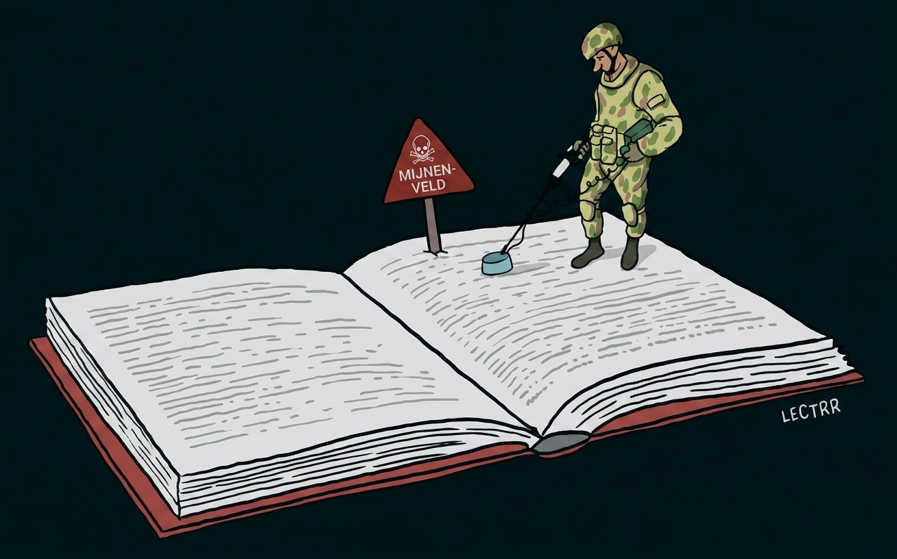 Soldat durchsucht ein aufgeschlagenes Buch mit einem Minensuchgerät.